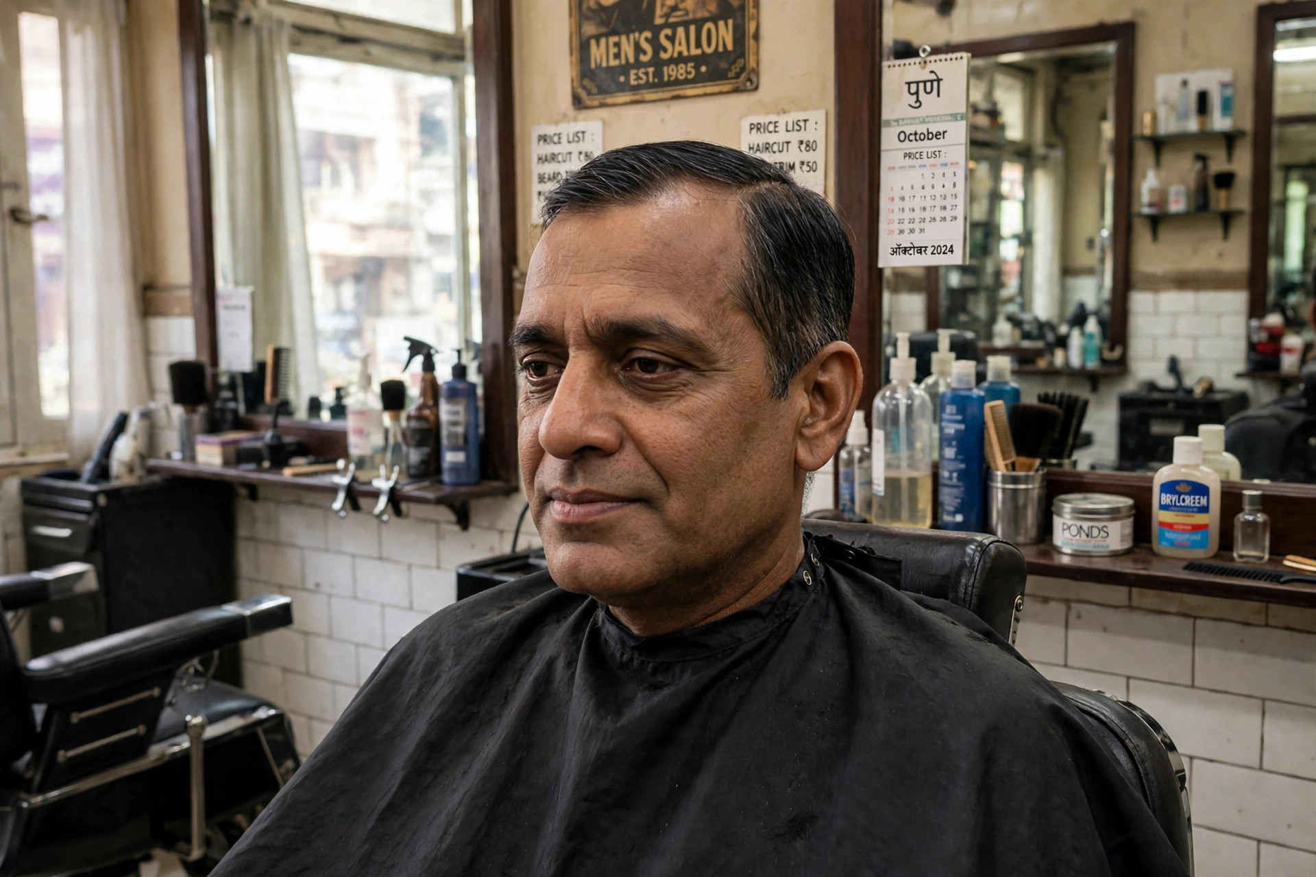 Same man with a classic neat haircut and clean shave looking confident after haircut